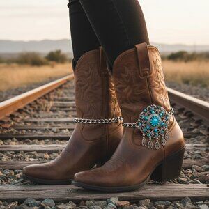 NEW Women 2PCS Silver Metal Boot Chain Shoe Anklet Turquoise Flower Ethnic Charm